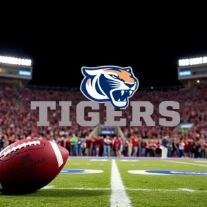 Football scene with Memphis Tigers logo