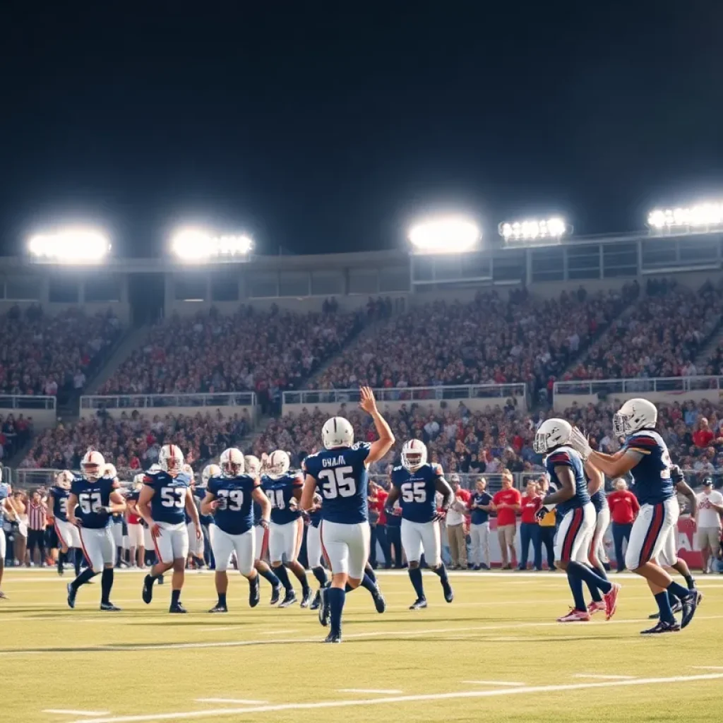 Houston Mustangs football team celebrating a touchdown during a game.