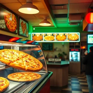 Interior view of Isabella’s Pizza with pizza slices on display