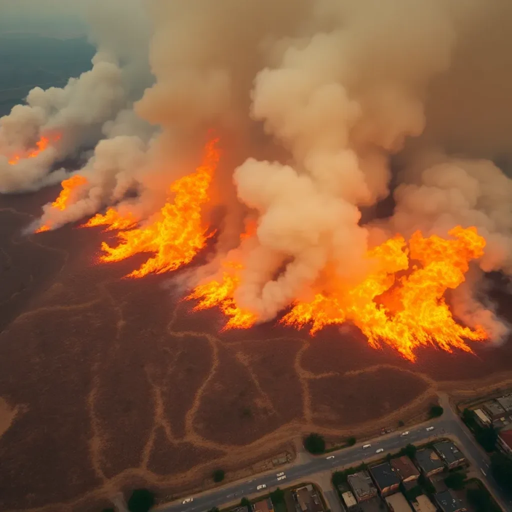 Aerial view of wildfires in Los Angeles with smoke and flames.