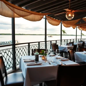 Dining area at Mahogany River Terrace overlooking a river view