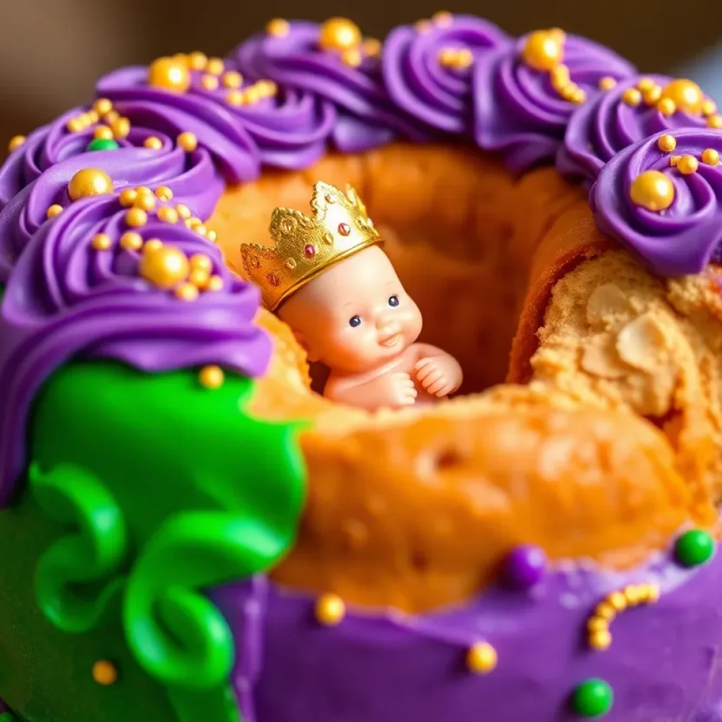 A beautifully decorated King Cake for Mardi Gras featuring traditional colors.