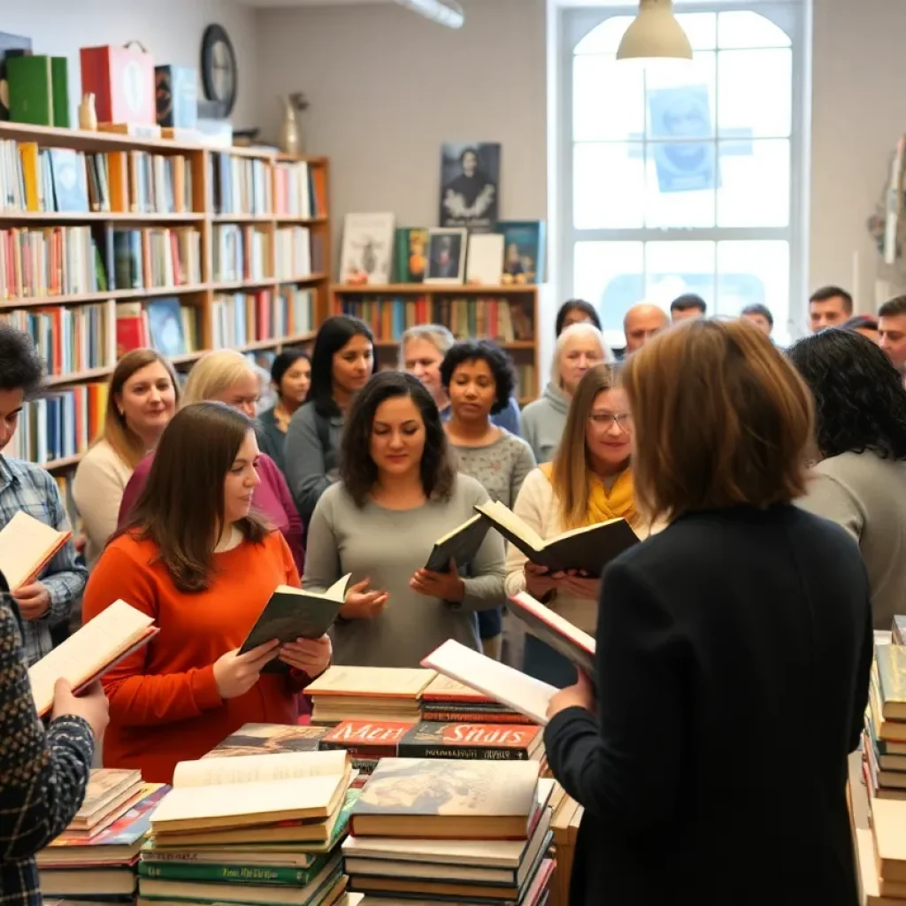 A lively book launch event with people enjoying poetry readings.