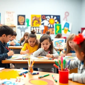 Art students creating vibrant artworks in a classroom