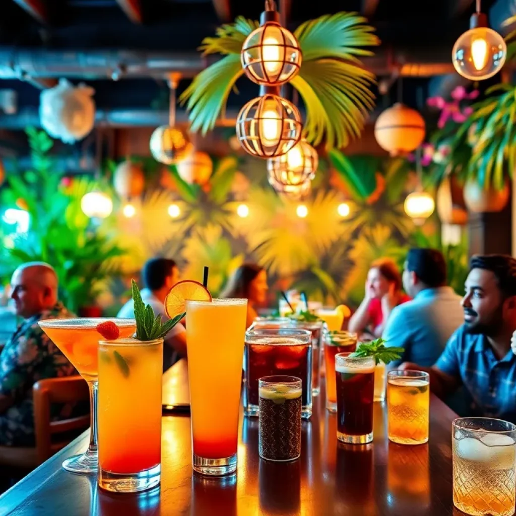 A lively bar scene showcasing tropical drinks and patrons enjoying the atmosphere.