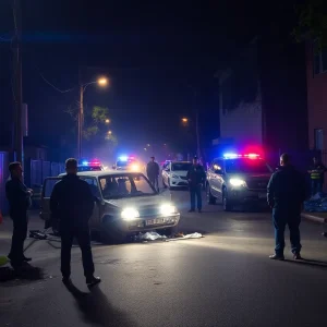 Scene of Memphis homicide investigation with police lights and a burnt vehicle.