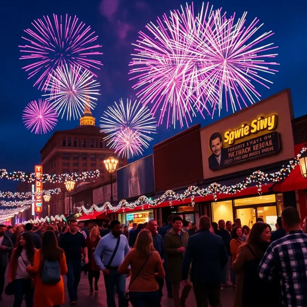 Fireworks over Beale Street during Memphis New Year's Eve celebration.