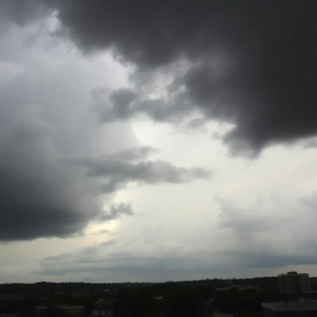 Dark storm clouds over Memphis with heavy rain