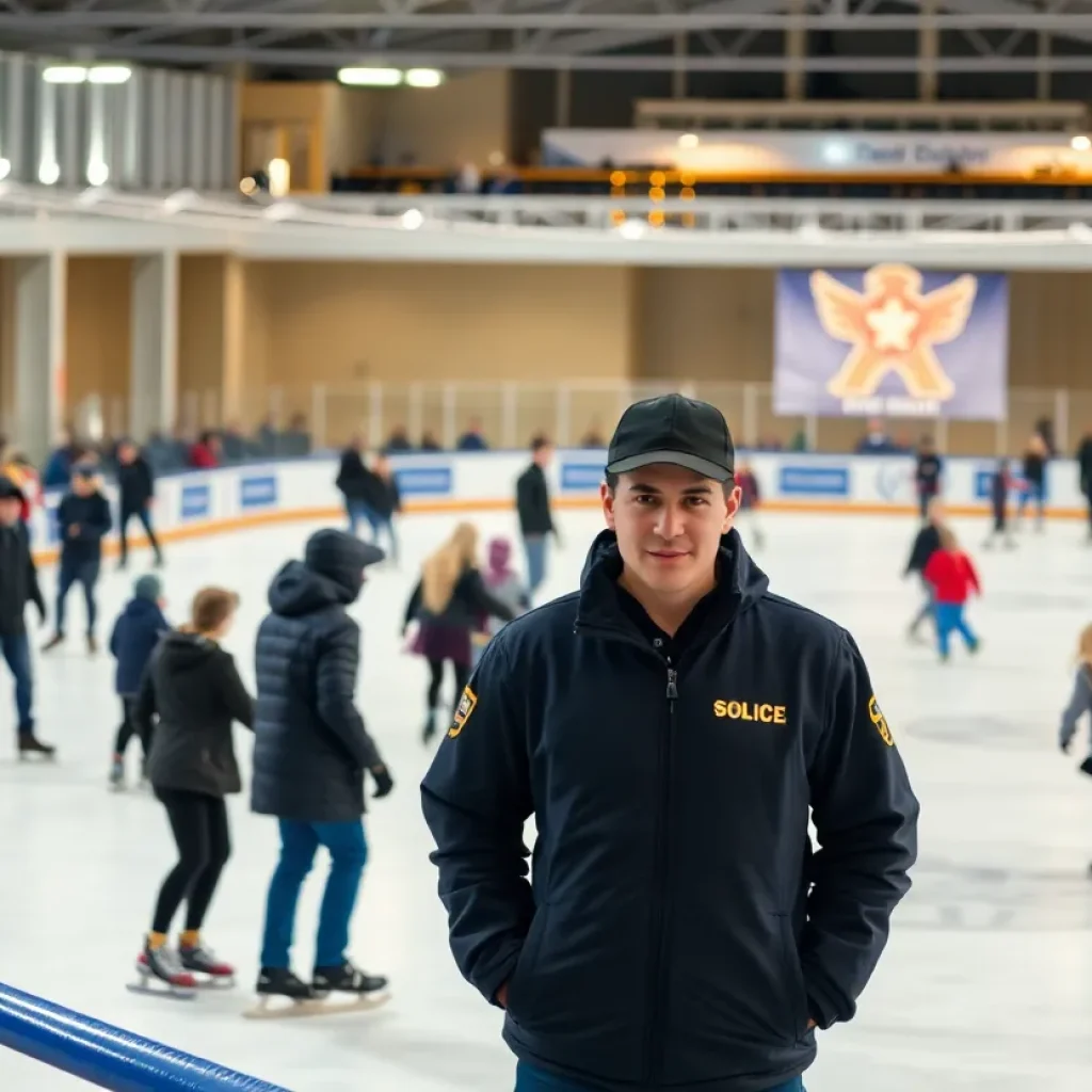 Skating rink with people enjoying their time while security is present.