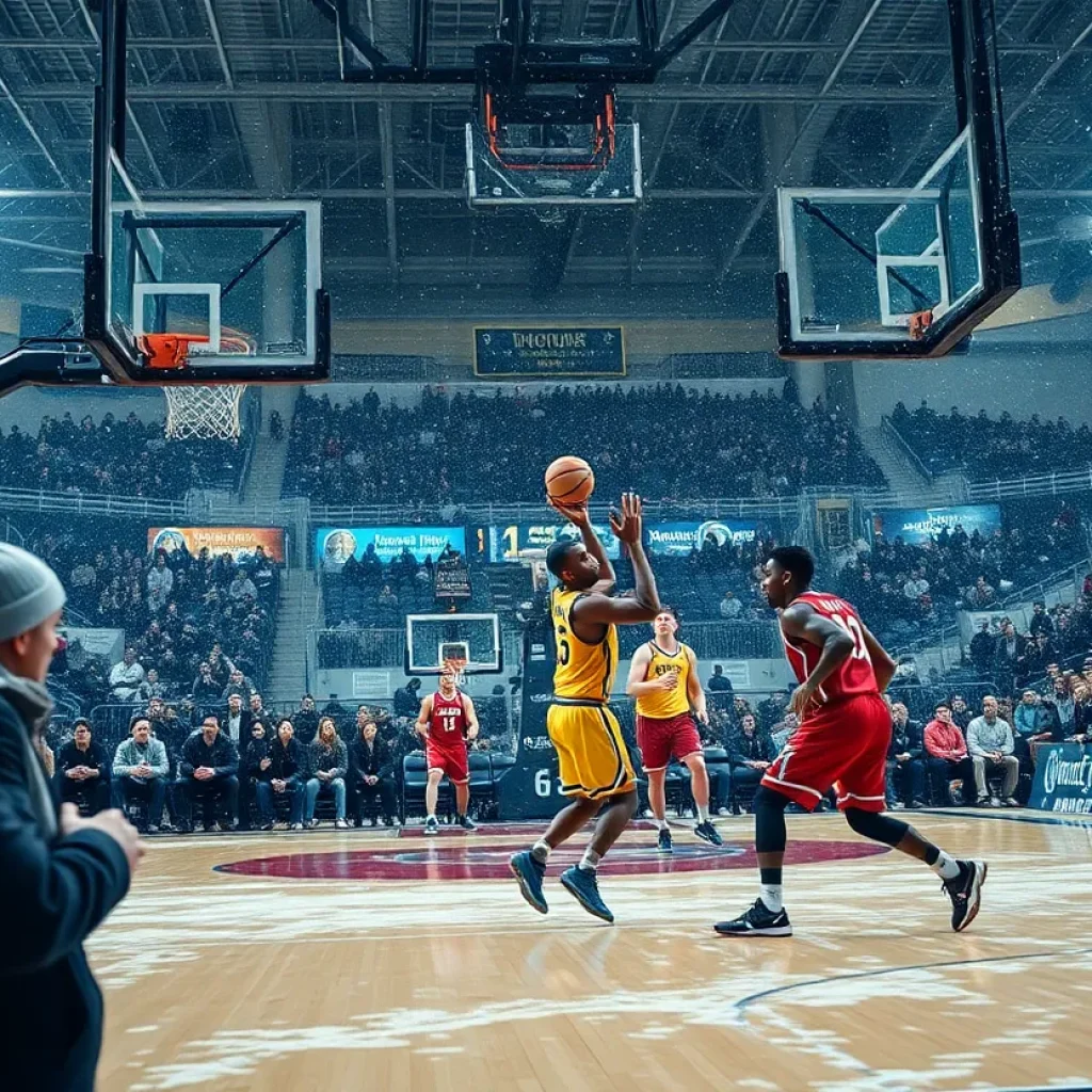 Memphis University Tigers basketball team in action during a snowy game.