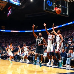 Memphis Tigers displaying teamwork on the basketball court.