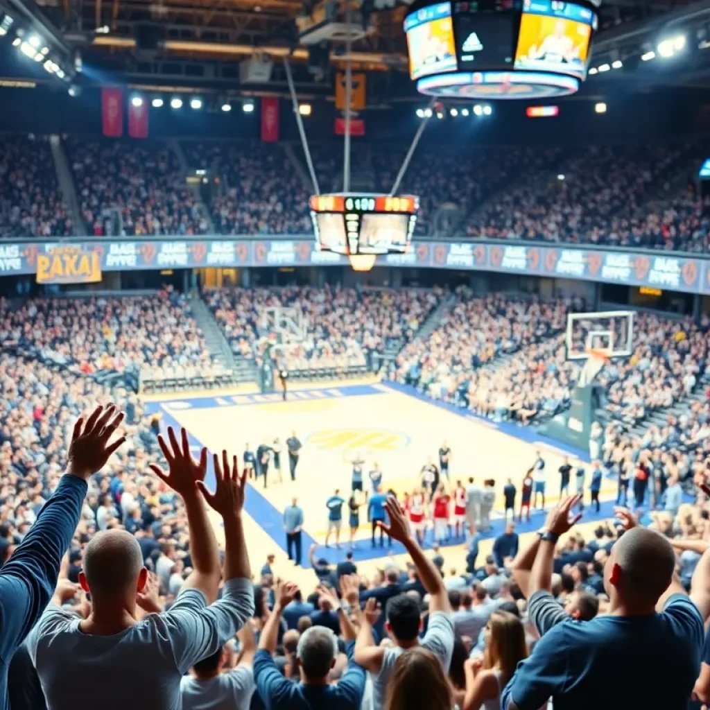 Crowd cheering at a Memphis University basketball game