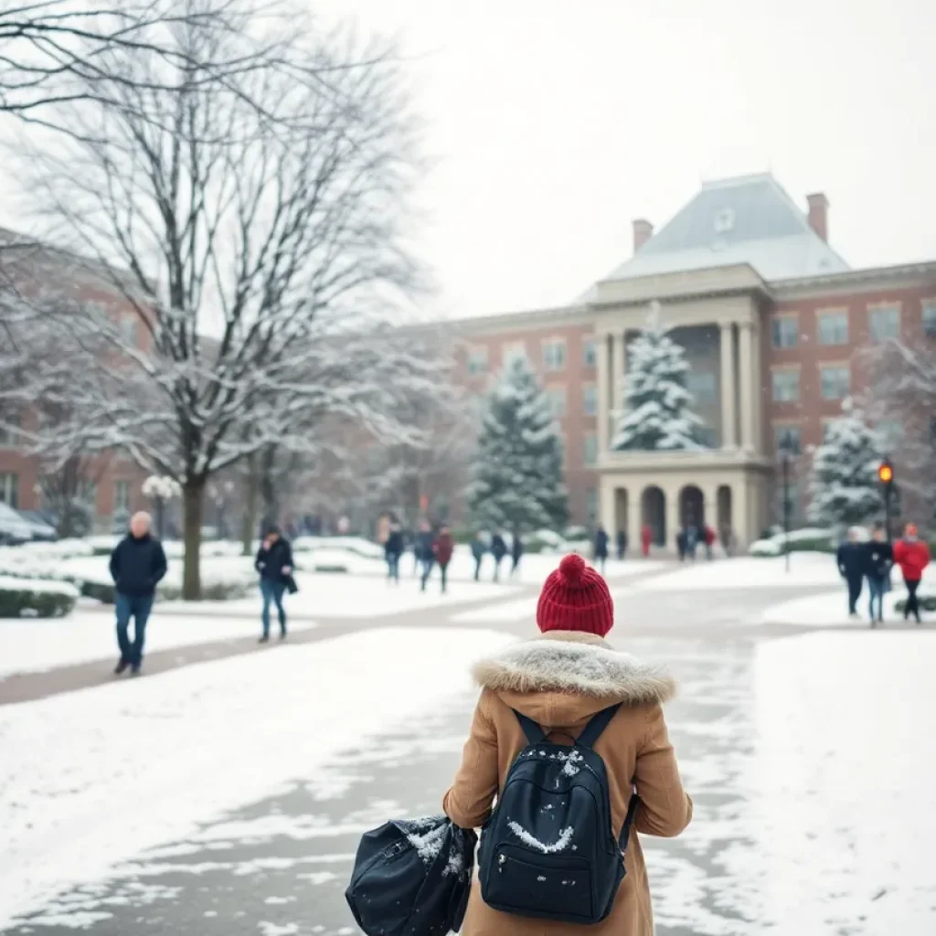 Snowy scene at Memphis University with students in winter attire.