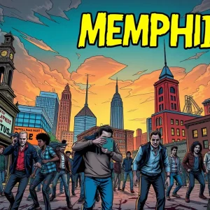 Cover of Memphis vs. Zombies comic book showcasing a zombie invasion in the city.