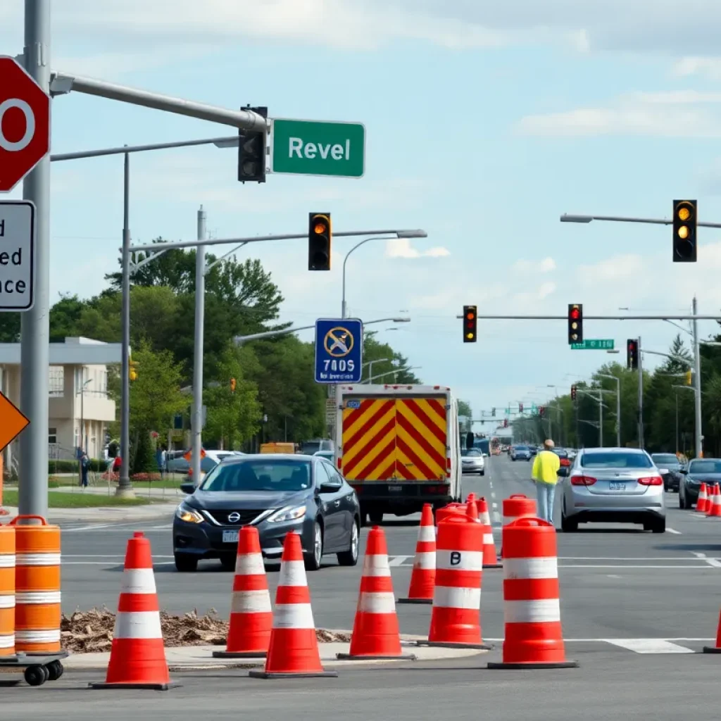 Roadwork signs at a busy Memphis intersection due to water leak repair.