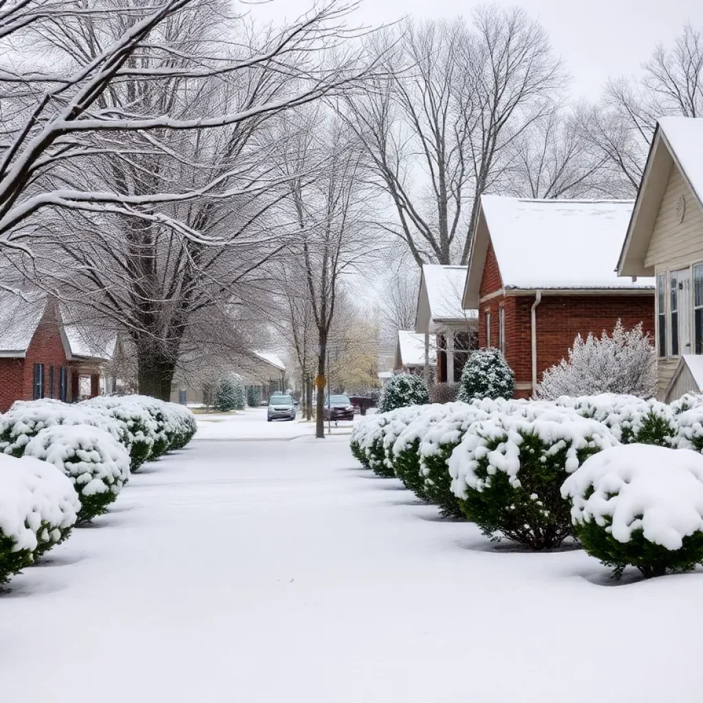 Winter scene in Memphis with snow on trees and houses