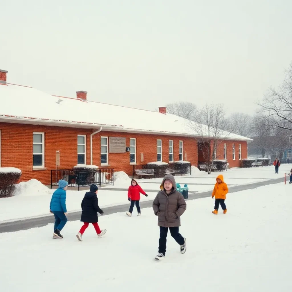 A snowy landscape showing Memphis schools with children playing in the snow