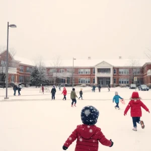 Snow-covered school building in Memphis with children playing outside