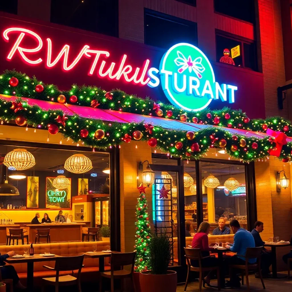 Exterior view of a new Memphis restaurant decorated for the holiday season