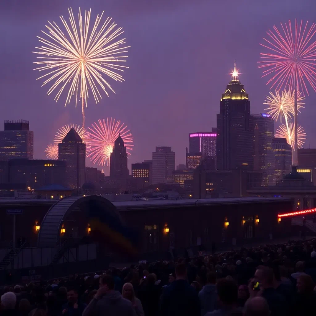 Fireworks over Memphis skyline during New Year's Eve