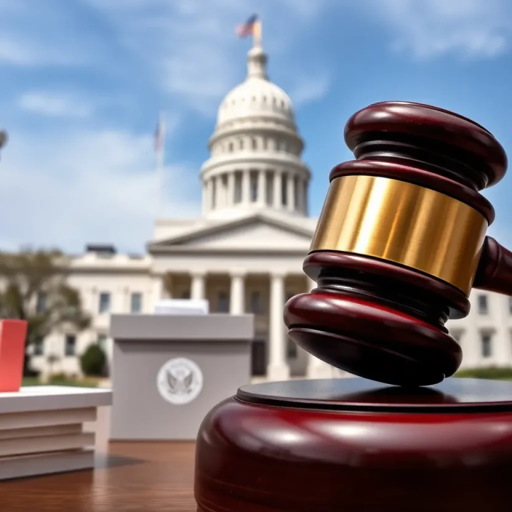 Illustration of gavel and ballot boxes representing election integrity in North Carolina.