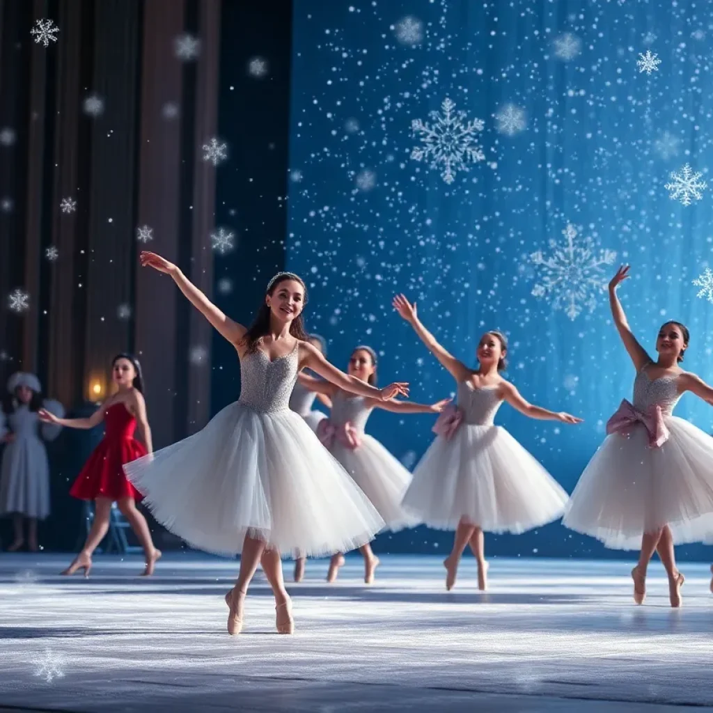 Dancers performing in a festive Nutcracker ballet scene