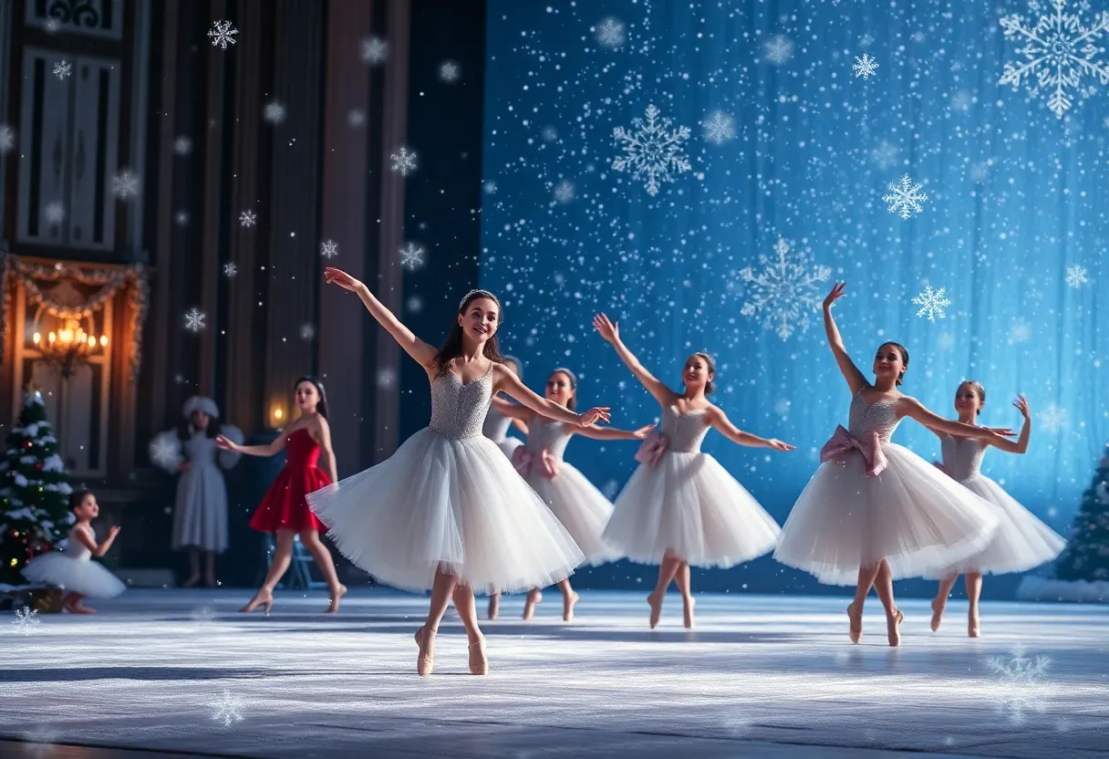 Dancers performing in a festive Nutcracker ballet scene