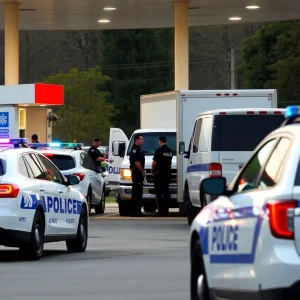 Police vehicles at a gas station after a chase.