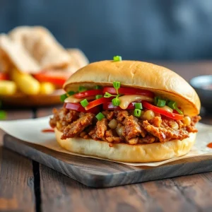 Delicious pulled pork sandwich with colorful toppings