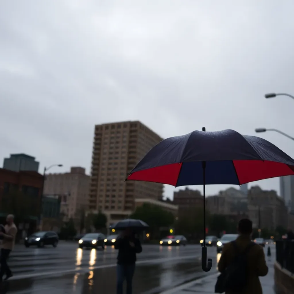 A rainy scene in Memphis with umbrellas over wet streets