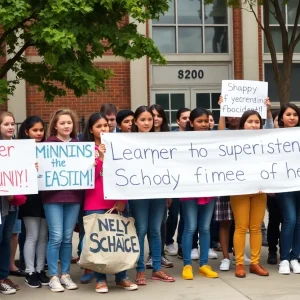 Students protesting in support of their superintendent outside the school