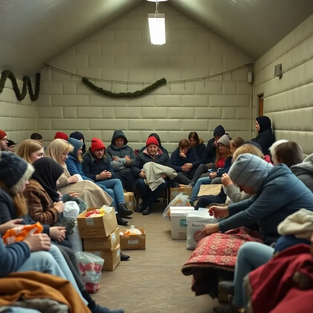 Interior of a warming center in Memphis with people gathered for warmth and support.