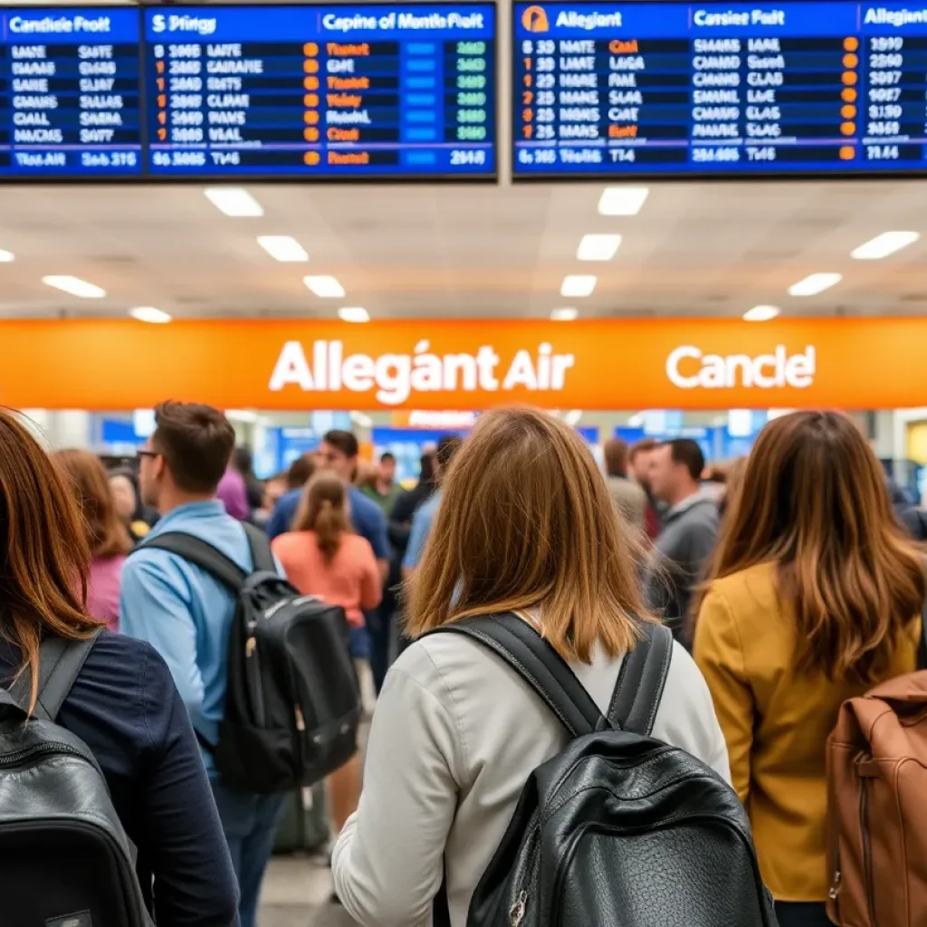 Travelers at Allegiant Air terminal looking at flight information