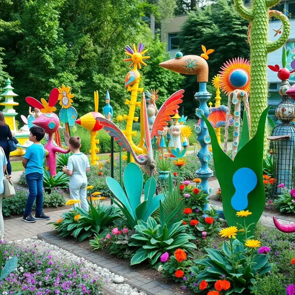 Colorful recycled sculptures in a lush botanic garden setting