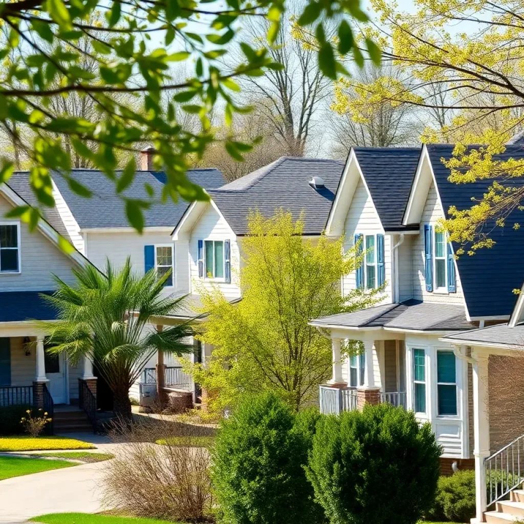 A beautiful spring neighborhood in Memphis with various homes.