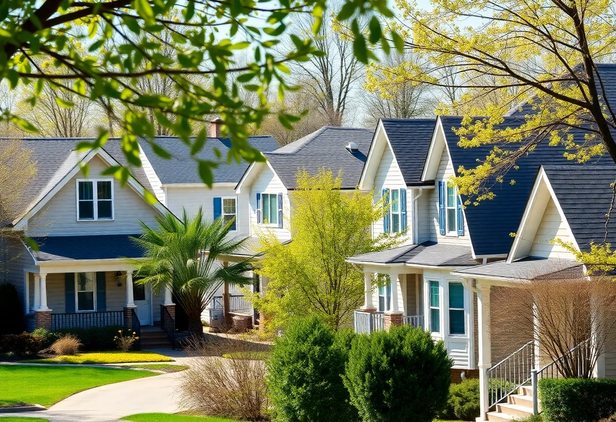 A beautiful spring neighborhood in Memphis with various homes.