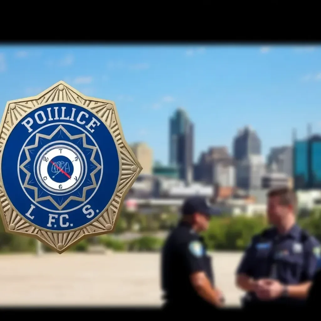 A police badge overlaying Memphis skyline, symbolizing police rank issues.