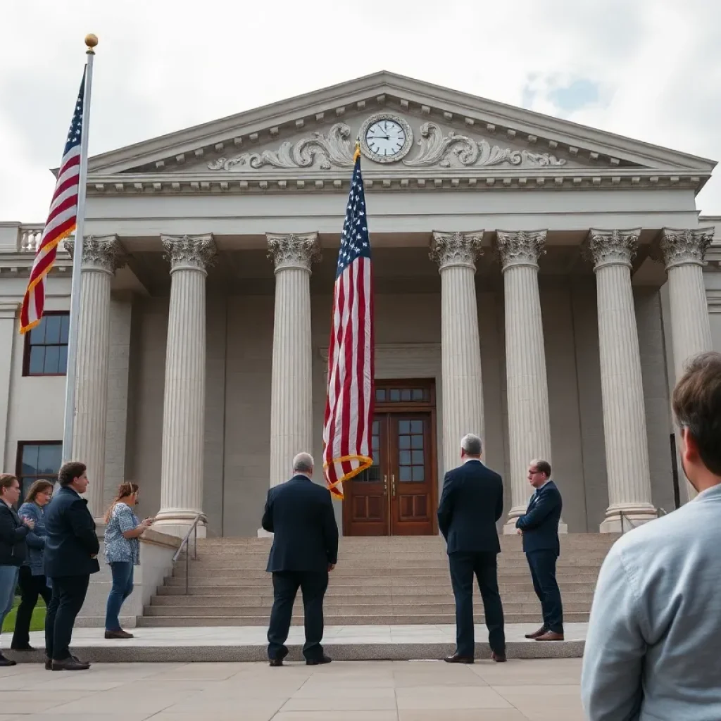 Exterior view of Shelby County Courthouse with visitors outside