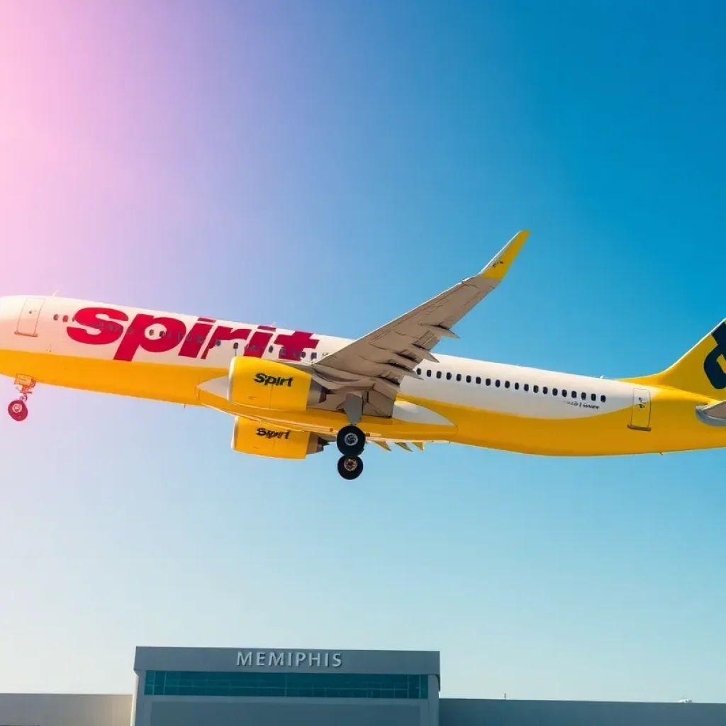 A Spirit Airlines Airbus A321 with the Memphis International Airport in the background