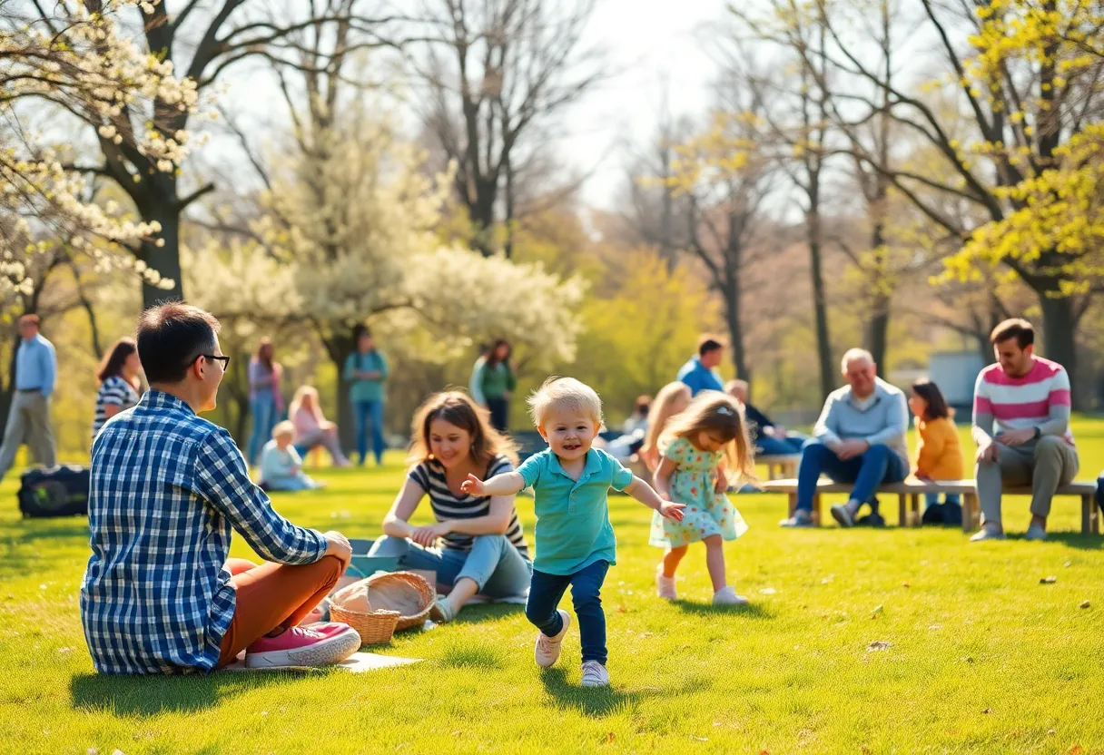 Families enjoying various outdoor activities together in a Memphis park during Spring Break.