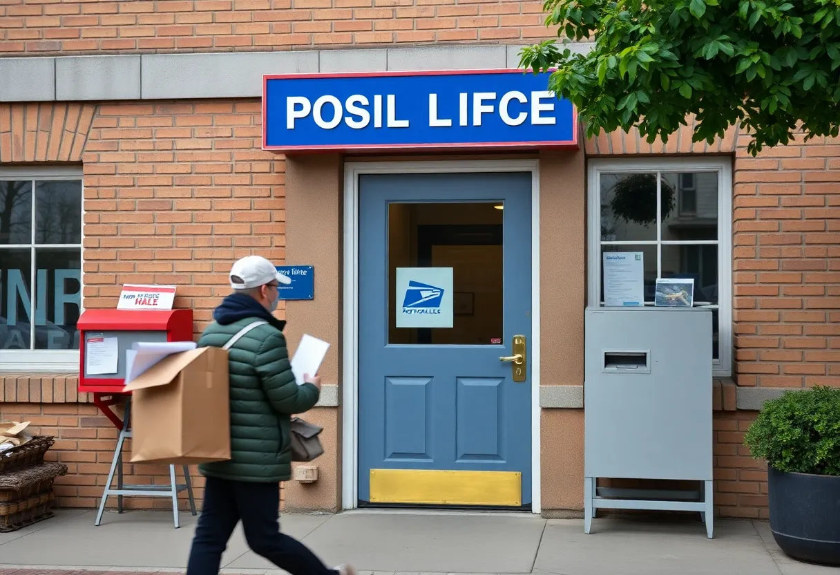 Postal workers delivering mail in a community setting.